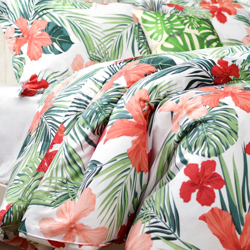 FADFAY Hawaiian Style Red Hibiscus Palm Leaves Tropical Duvet Cover Set Summer Bedding Super Soft 100% Cotton,1 Duvet Cover & 2 Pillow Shames, King Size - Image 3